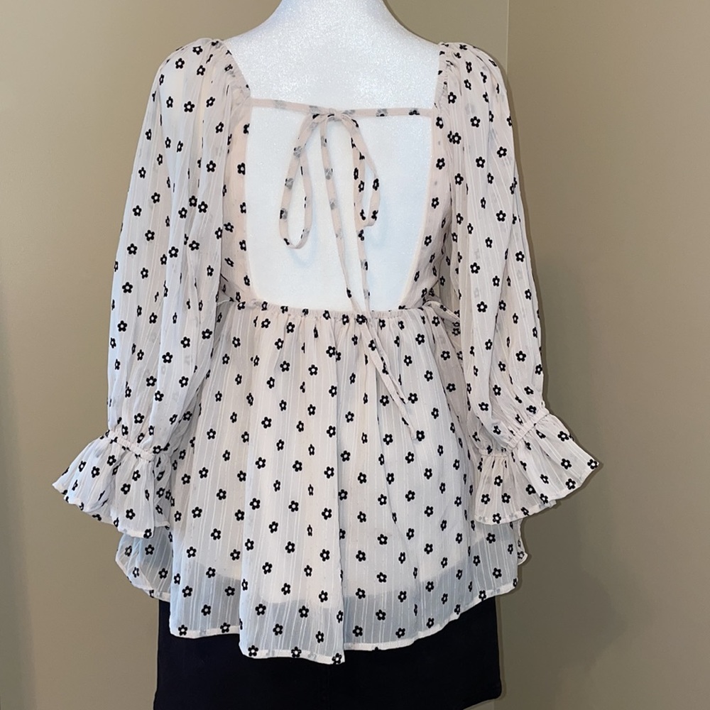 Retro Floral Open Back Ruffle Blouse Top - Picture 2 of 7